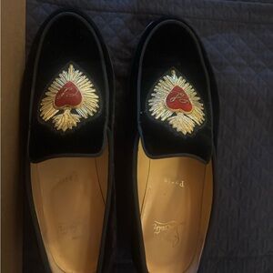 Christian Louboutin Black Velvet Loafers with Gold and Red Heart Embroidery 39